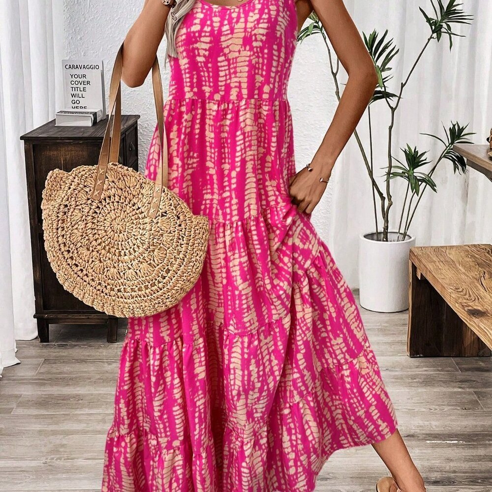 Hot Pink Boho Women's Holiday Casual Random Printed Strappy Dress Maxi Outfit - Picture 3 of 7